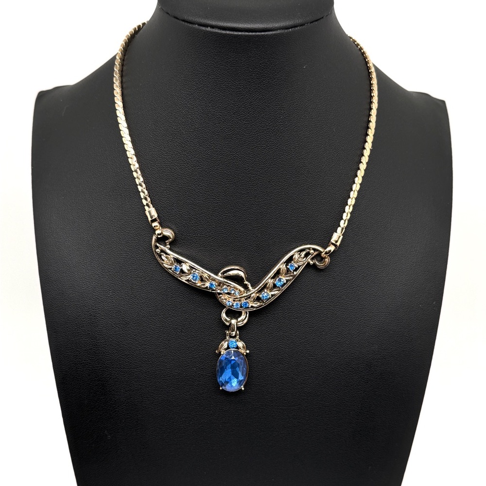 Vintage Corocraft Gold-Tone Blue Rhinestone Festoon Drop Necklace